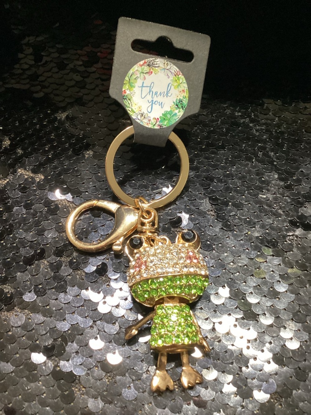 Sparkling Green Frog Keychain with Black Eyes-Gold-tone Accent